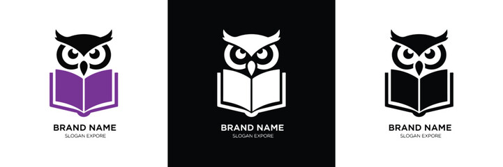 Three stylized owl logos holding open books in purple, white, and black color schemes, ideal for educational branding.