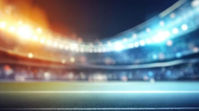 Nighttime sports backdrop Stadium for football and cricket with a blurred 3D lighting background, Generative Ai.
