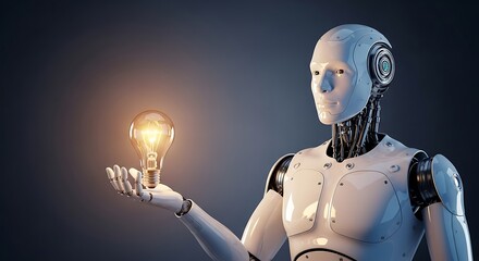 A futuristic humanoid robot holding a glowing light bulb, symbolizing artificial intelligence and innovation