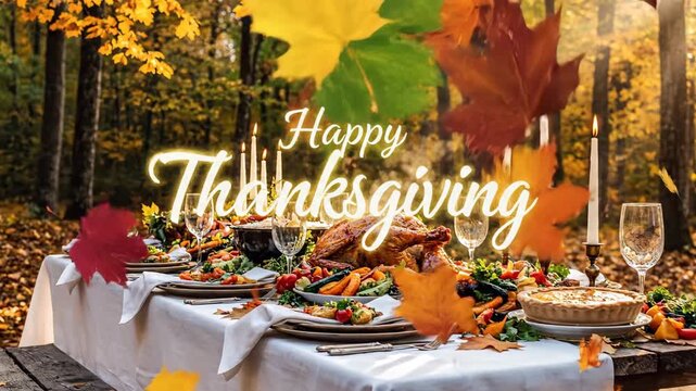 A beautifully decorated thanksgiving table set outdoors in a forest with falling leaves and a happy thanksgiving message happy thanksgiving