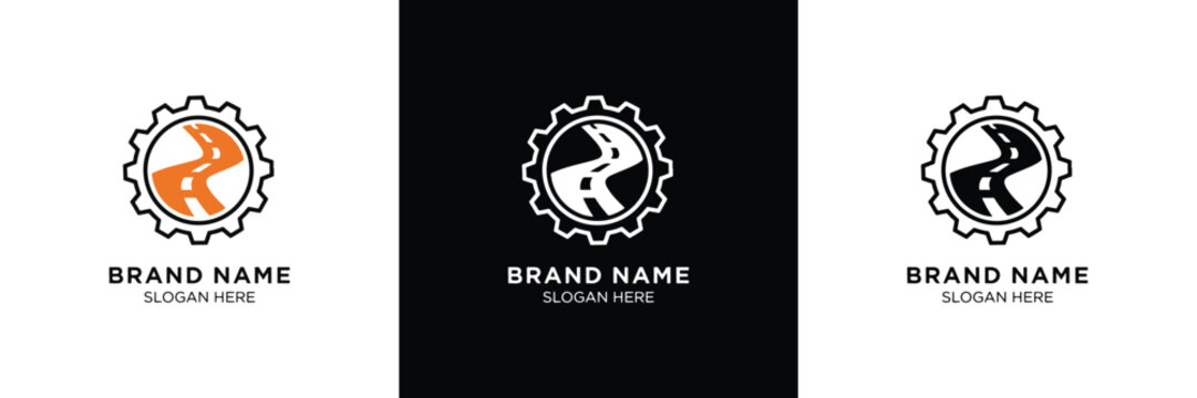 Three logo designs featuring a gear and horse silhouette with customizable brand name placeholder in monochrome and orange-black color schemes.