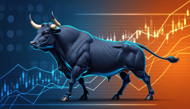 3D bull figure with upward trending financial charts and orange glow, bullish stock market.
- Powered by Adobe