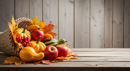Basket with pumpkin, apple, rowan, and foliage on a wooden surface, representing autumn harvest and seasonal abundance, useful for festive concepts