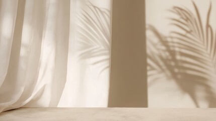 Minimalistic abstract gentle light beige background for product presentation with light and shadow of window curtains on wall, Generative AI.