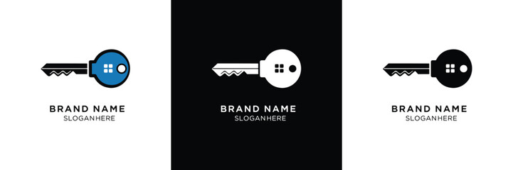 Three sleek key logos in black and blue, designed for brand identity with minimalist style and clean typography.