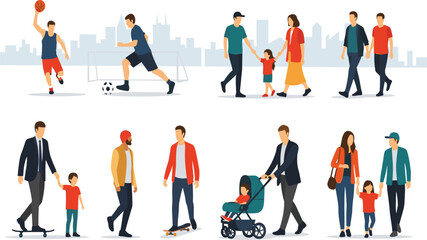 Vector set of diverse people performing various outdoor activities in the city, urban lifestyle scenes including sports, family walking, and skateboarding against a skyline.