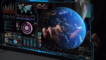 High-tech global network connection interface showing worldwide digital communication, data exchange, and internet connectivity. Global connection, data interaction, and worldwide communication. Thunk