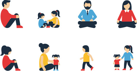 Vector icon set illustration featuring adults and children sitting, playing, and walking, representing family life, childhood, casual relaxation, and diverse social interaction in a simple, 