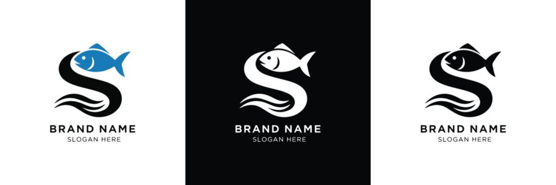Three sleek logo designs combining a fish and letter 'S' for brand identity, each with distinct style and color schemes.