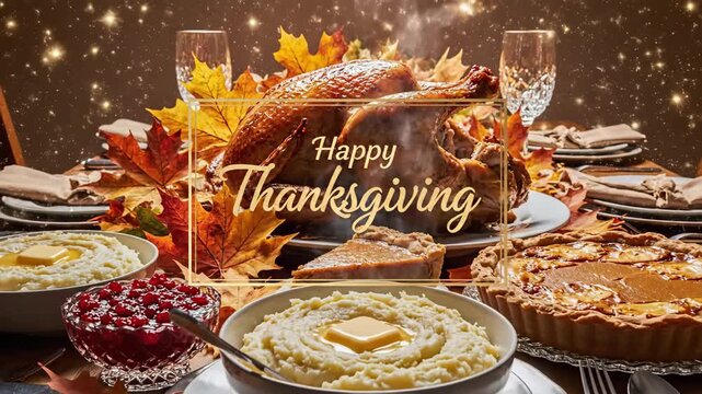 A festive thanksgiving dinner table setting with a roasted turkey, mashed potatoes, pie, and fall foliage decoration happy thanksgiving