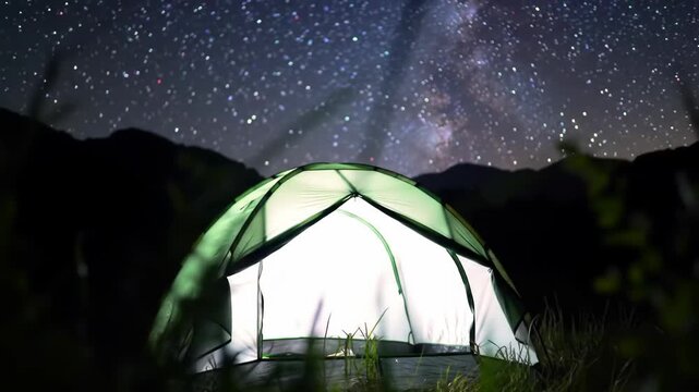 A serene night scene featuring a glowing tent set against a backdrop of mountain peaks and a star-filled sky, perfect for outdoor adventure and camping enthusiasts.