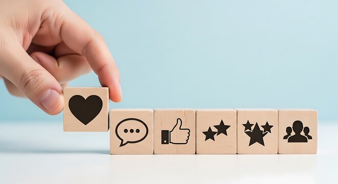 Customer feedback concept with hand placing wooden block with heart icon, representing positive review