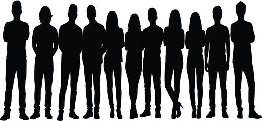 Silhouette of a group of diverse people standing together in a row, teamwork concept, unity, community, crowd illustration, human figures, diversity