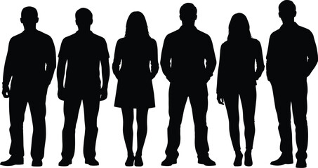 Front view black silhouette vector of six diverse, young, standing adults—three men and three women—representing a corporate team, friends, staff, or professional business group.