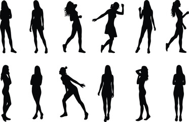 Set of black female silhouettes in various dynamic and static poses, diverse women figures standing, dancing, and posing, isolated vector graphic collection.