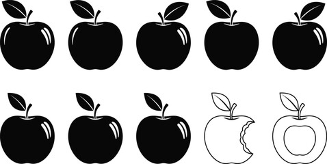 Apple transformation silhouette vector set, black and white fruit icons, editable clipart bundle, consumption stages concept, healthy food illustration
