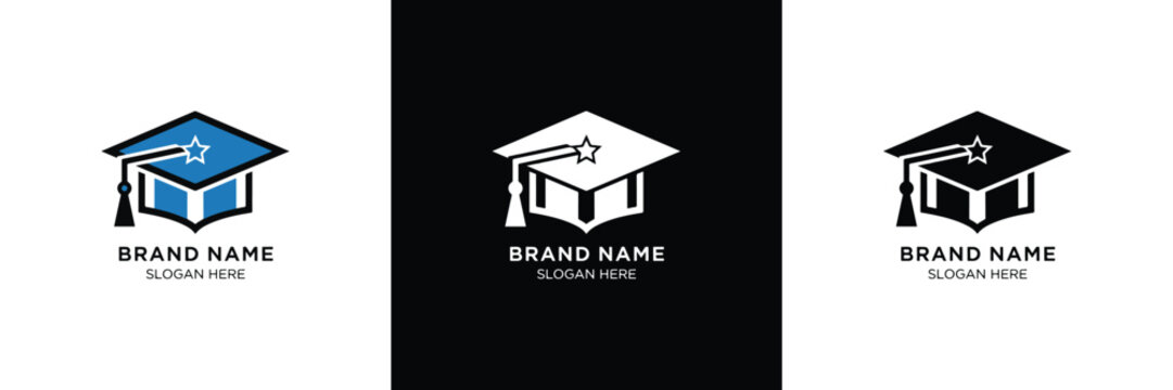 Three graduation cap logos in blue, white, and black with customizable brand name placeholders for schools and universities.