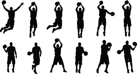 Basketball player silhouette vector set, dynamic sports poses, black athlete actions, dribbling and shooting clipart, editable motion design, fitness concept bundle