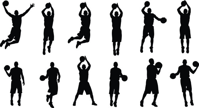 Basketball player silhouette vector set, dynamic sports poses, black athlete actions, dribbling and shooting clipart, editable motion design, fitness concept bundle - Powered by Adobe