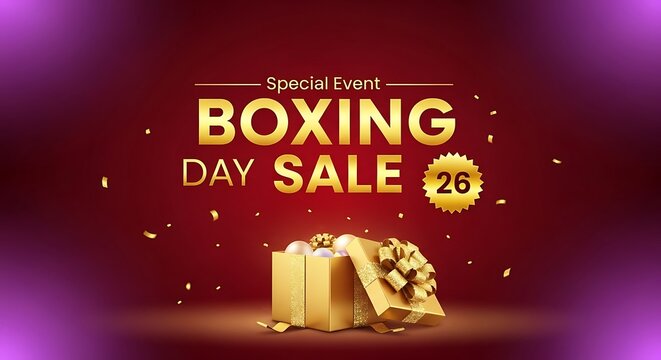 Boxing day sale with golden gift box and confetti