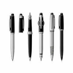 Fototapeta premium Vector set of luxury black and silver writing instruments, including various fountain pens and executive rollerball pens, isolated for business and stationery design.