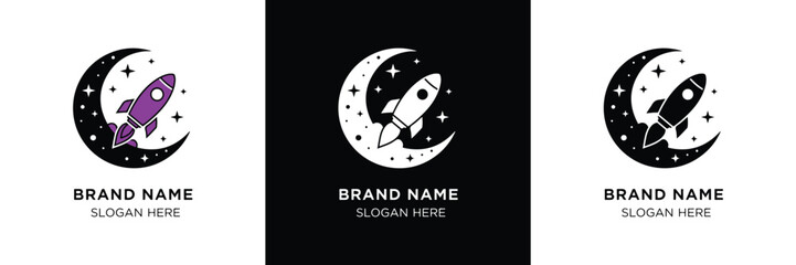 Three sleek logo designs featuring a rocket inside a crescent moon, with brand name placeholder, in black and purple themes.