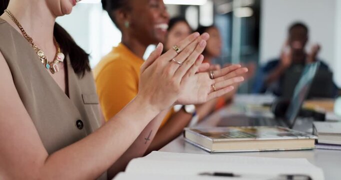 Hands, woman and students with applause in classroom for education, exam results and celebration. People, clapping and success for learning presentation, scholarship award and university achievement