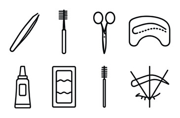 Beauty tools: tweezers, brush, scissors, palette, spoolie, shapes
