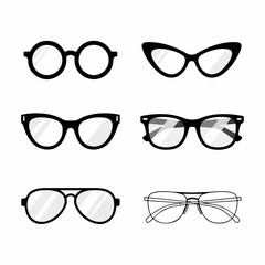 Collection of six classic and modern eyeglass frames set, including round, cat eye, and aviator styles, isolated vector illustration.
