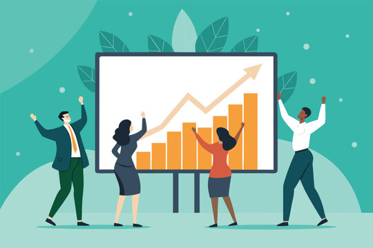 Diverse office team jubilantly celebrates significant company expansion, projecting success.