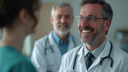 Fototapeta premium Doctor team jokes. Medical humor among doctors. Laughter in healthcare. Funny doctor stories.