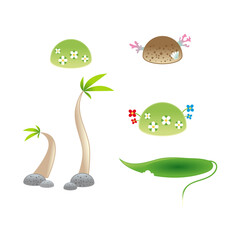 A whimsical collection of isolated cartoon nature elements featuring fantasy islands and palm trees