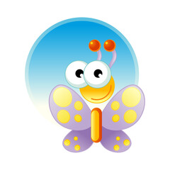 Cute cartoon butterfly illustration, smiling and colorful, with a light blue background, perfect for children