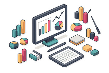 Isometric business data analysis concept with monitor charts graphs and reporting tools
