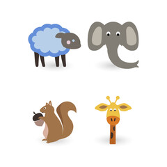 Cute Cartoon Animals Collection Sheep, Elephant, Squirrel, and Giraffe Illustrations