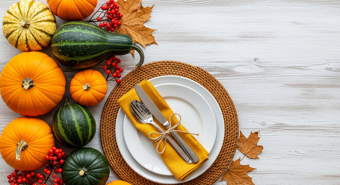 Overhead view of various pumpkin, berries, maple leaf and tableware on rustic wood, representative of an autumnal, Thanksgiving or harvest celebration