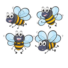 Four Cheerful Cartoon Bees Buzzing with Joy and Playfulness, Featuring Striped Bodies and Transparent Wings