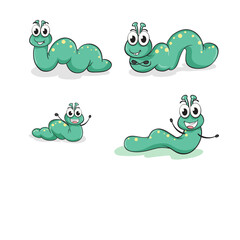 Cute green cartoon caterpillars in four different playful poses on a white background illustration