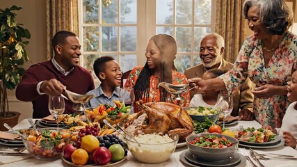 A multigenerational african american family celebrating thanksgiving dinner together with a roasted turkey and various side dishes happy thanksgiving - Powered by Adobe