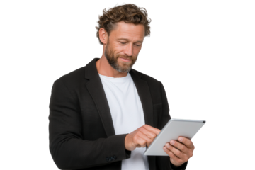 young businessman holding a tablet isolated on white suit, computer, business, person, tablet, people, businessman