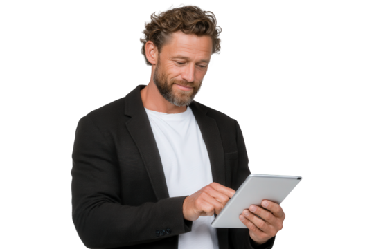 young businessman holding a tablet isolated on white suit, computer, business, person, tablet, people, businessman