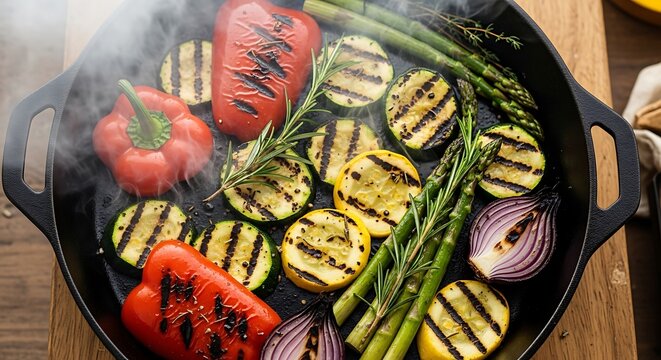 Grilled vegetables in cast iron pan healthy eating concept - Powered by Adobe