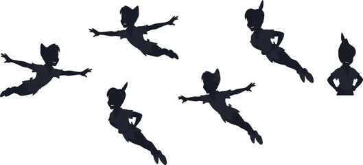 Flying character silhouette vector set, black and white Peter Pan icons, dynamic poses, magical boy illustration, fantasy design elements