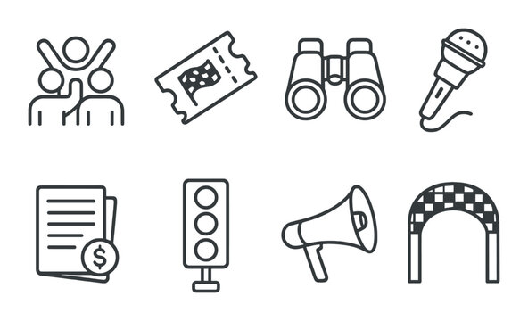 Entertainment icons: microphone, ticket, binoculars, more in dark background