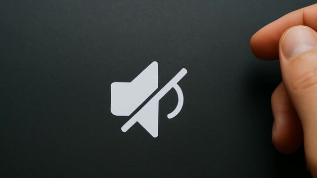 remote work video call efficiency concept. Hand pressing mute button on a device, symbolizing silence or quiet.