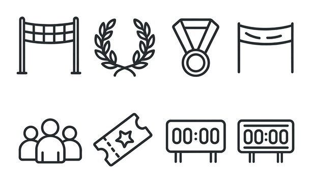 Sports icons collection: medals, laurel, ticket, stopwatch, barrier, team silhouettes