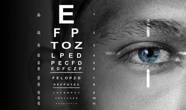 Eye chart and young man on dark background, banner design. Vision check
