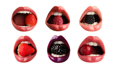 Women holding different berries and candy in mouth on white background, closeup. Female lips with different shades of lipstick, collage