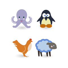Adorable Animal Icons Octopus, Penguin, Chicken, and Sheep - Perfect for Design Projects