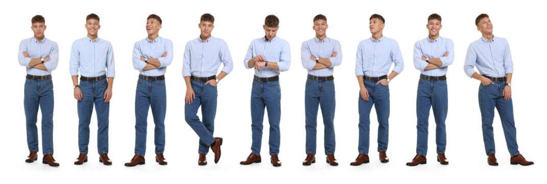 Young man wearing blue jeans on white background. Set of portraits